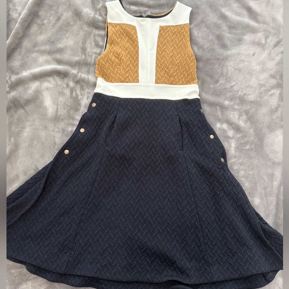 Anthropologie Colorblock Textured Fit-and-Flare Dress in Navy, Mustard & White